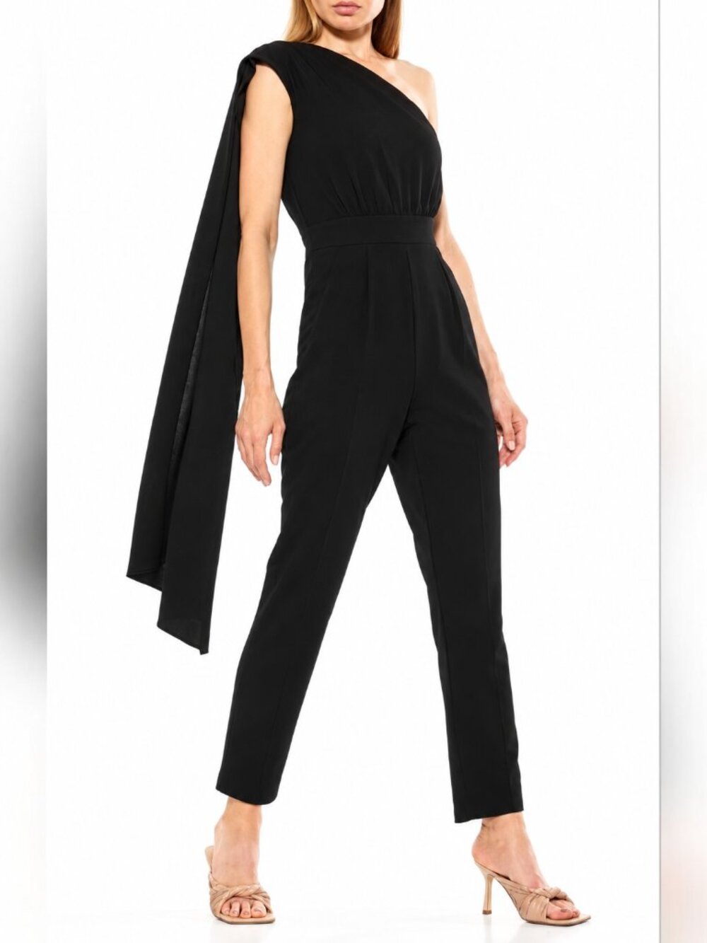 NWT Alexia Admor Black One Shoulder Cape Jumpsuit Tapered Leg